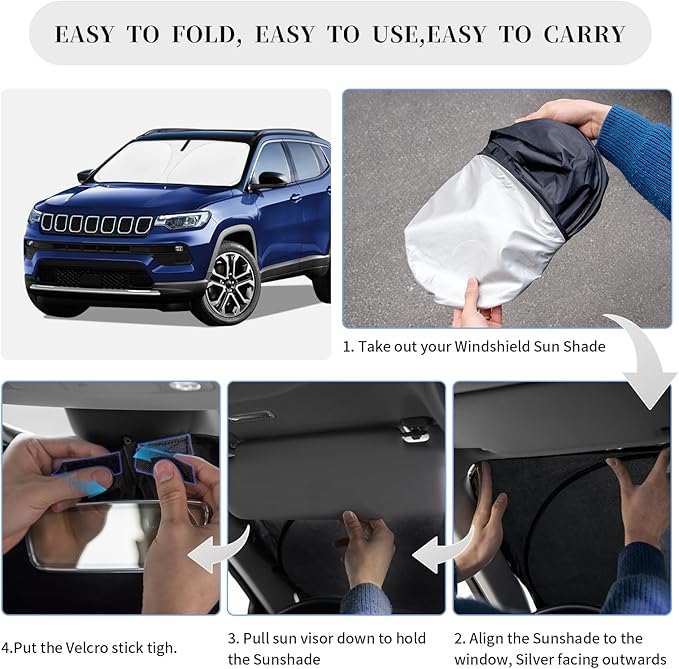 Sun Shade Sunshade for Jeep Compass 2017-2025 Windshield Cover, 4-Layer Front Window Shade Custom fit Compass Sun Visor 240T Retractable Shield Shade Blocks UV Rays Cooler Car Accessories