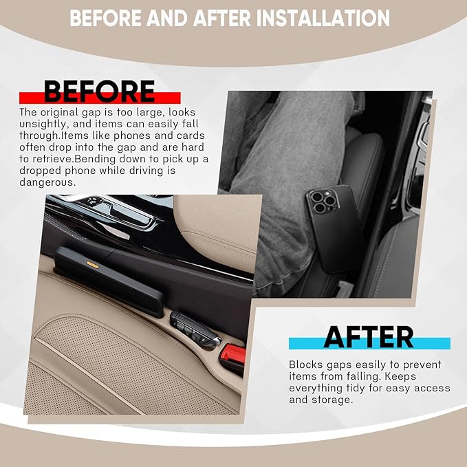 2PCS Car Seat Gap Filler Organizer, Upgrade Car Gap Filler with Fill and Storage Function for Storing Phones Keys Cards, Universal No Drop Seat Guard for Cars (Beige)
