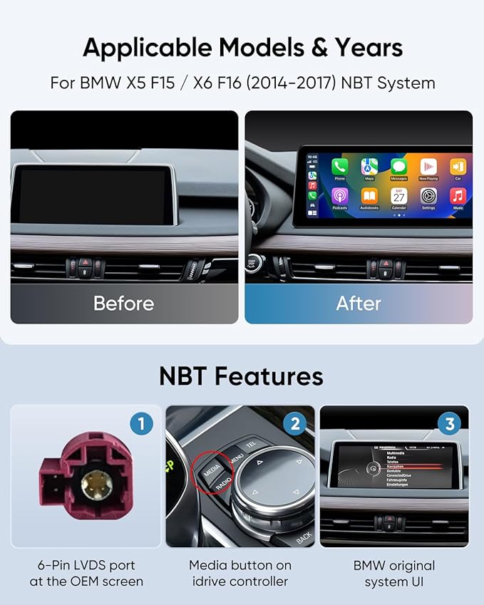 12.3-Inch Car Stereo GPS Navigation System for BMW X5 F15 X6 F16 (2014-2017) NBT System, Wireless CarPlay Android Auto Upgrade Factory Radio Bluetooth WiFi Touch Screen