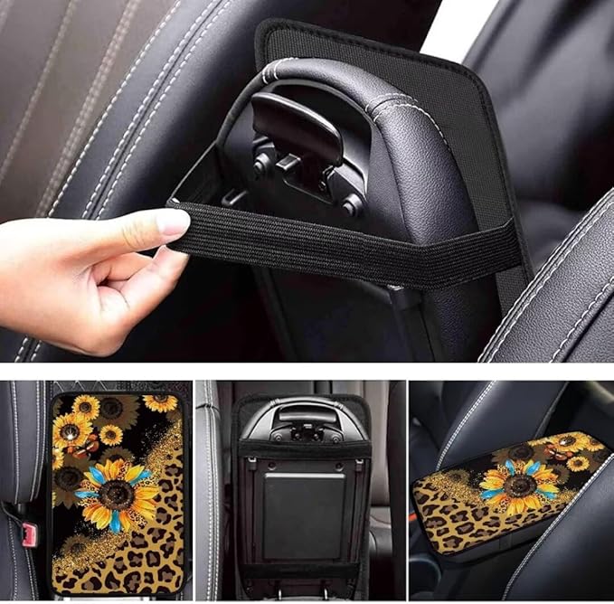 Coldinair Sunflower Leopard Print Car Armrest Cover,Auto Center Console Pad,Soft Seat Box Cover Protector Cushion,Car Accessories Decor for Most Cars,Sedan,Truck,SUV