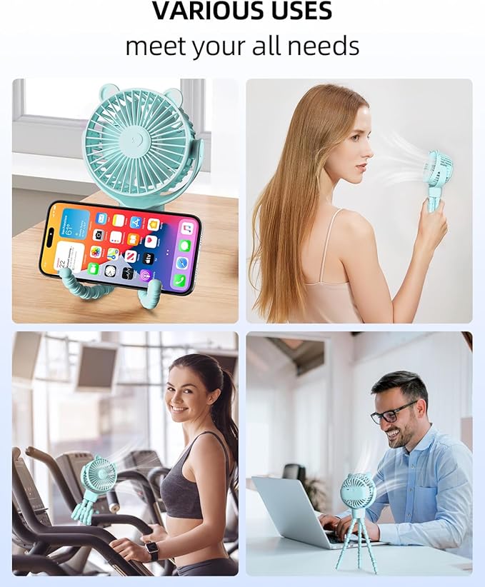 buywoo Portable Stroller Mini Fan, Small Rechargeable Personal Cooler w/ 360° Rotation, Baby Essentials for Car Seat, Crib, Bike, Treadmill, 3-Speed Battery Powered Stroller Accessories, Mint