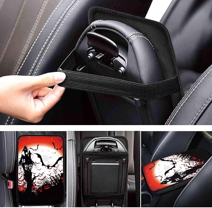 Halloween Bat Castle Universal Center Console Armrest Soft Pad Protector Cover Armrest Box Protector Non Slip for Pet Dogs Car Interior Decor
