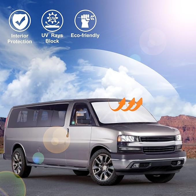 Windshield Sun Shade Compatible with 1996-2024 2025 2026 Chevrolet Express Cargo Van 1500, 3500, 4500, LS, LT Winter Accessories Foldable Sun Visor Protector Keeps Cool