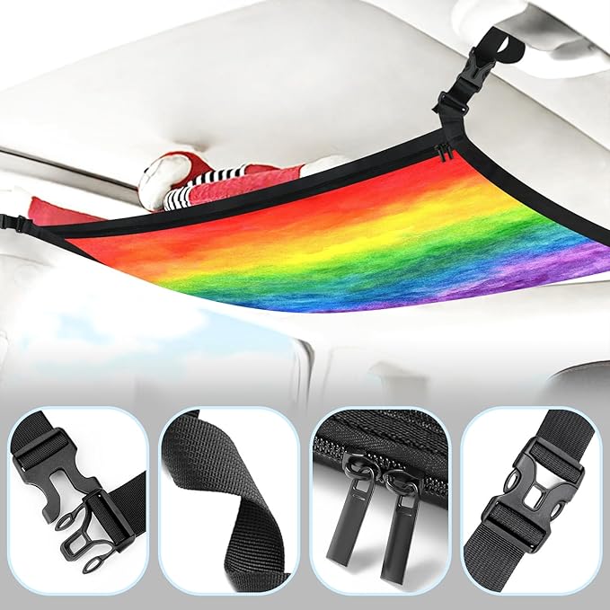 Rainbow Car Ceiling Cargo Net Pocket Hanging Storage Bag with Zipper 31.5"x21.6" Double-Layer Mesh Car Roof Storage Organizer Long Road Trip Truck SUV Travel Camping