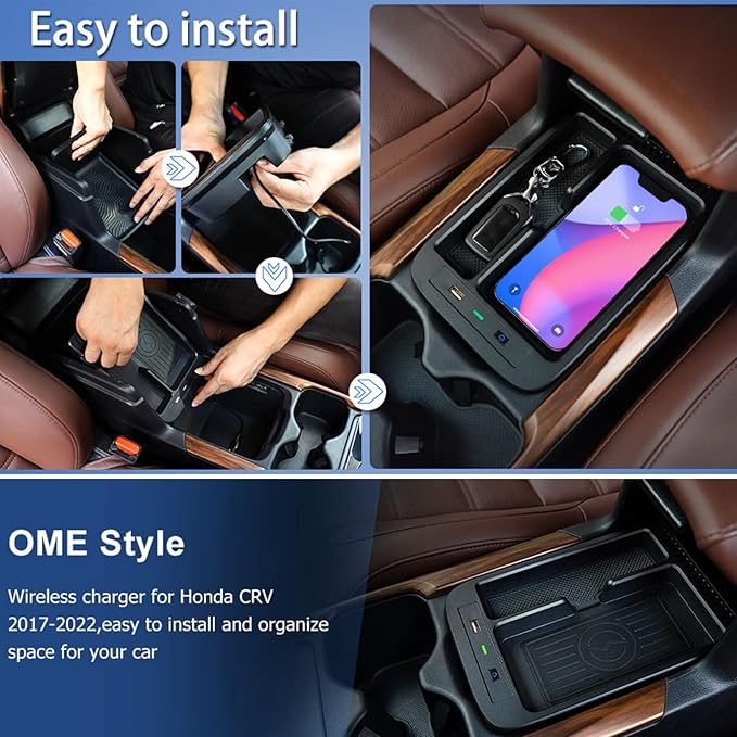 Wireless Car Charger Compatible with Honda CRV 2017 2018 2019 2020 2021 2022, 15W Wireless Fast Phone Charging Pad with 27W USB-A & Type-C Interior Phone Charging Pad Interior Accessories