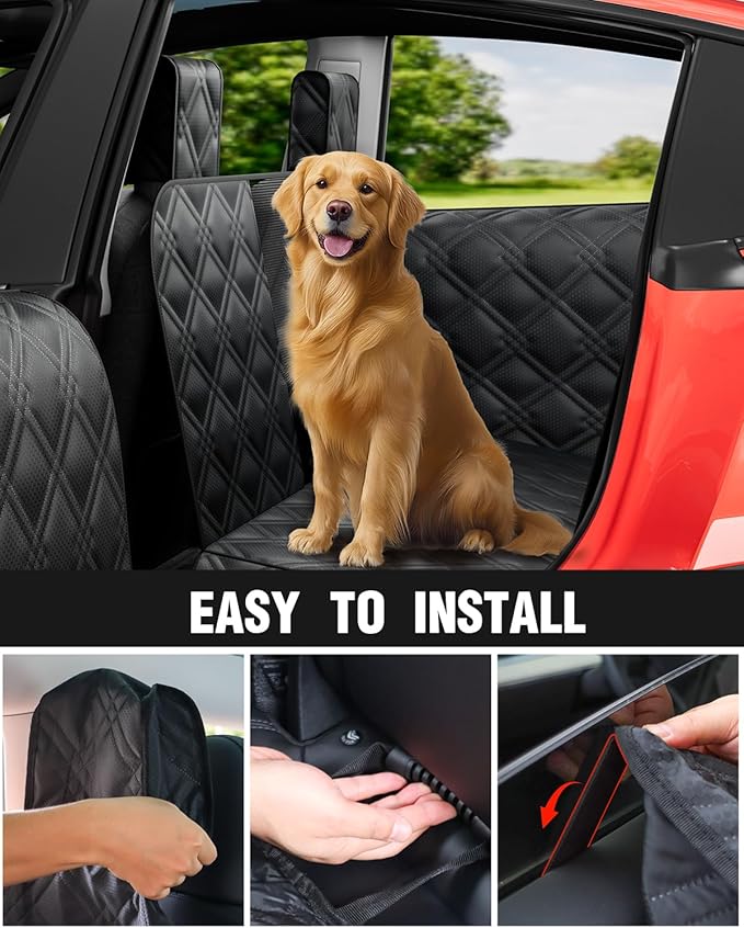 Dog Car Seat Cover for Back Seat Compatible with Tesla Model Y — Hard Bottom Pet Travel Hammock with Seat Extender, Waterproof Backseat Dog Cover with Door & Headrest Protectors