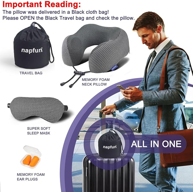 napfun Neck Pillow for Traveling, Upgraded Travel Neck Pillow for Airplane 100% Pure Memory Foam Travel Pillow for Flight Headrest Sleep, Portable Plane Accessories, Dark Gray Striped Kit