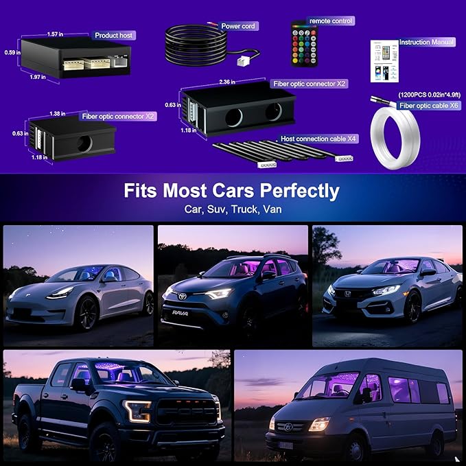 VASTFIRE Split Starlight Headliner Kit - 1200pcs 0.02in 4.9ft Fiber Optic RGBW Star Lights for Car with 6 Light Heads 16W Engine Easy to Hide,Flexible Wiring,APP/Remote Control for Car Roof Ceiling