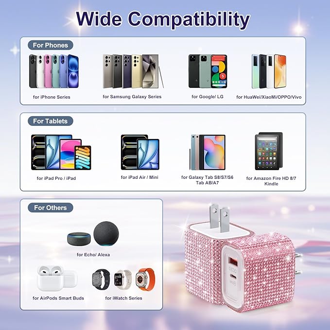 Aolcev for iPhone Charger Fast Charging Bling 2 in 1 USB A USB C Charger Block 25W Type C Fast Charging Blocks for iPhone 17 16 15 14 13 iPad Bling USB C Adapter for Galaxy S26 S25 Rhinestones Pink