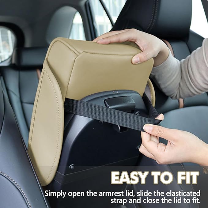 Hovom Car Center Console Cover, 13.39"×7.87"×2.76" Leather Armrest Cover for Cars, Memory Foam Armrest Pillow with Pocket, Cup Holder & Phone Slot, Universal Vehicle Arm Rest Cushion Pad (Beige)
