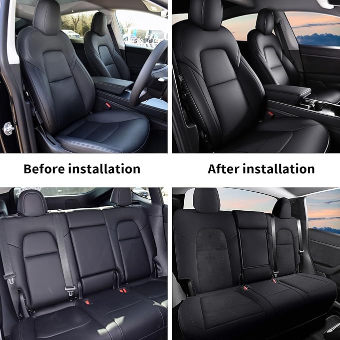 AOMSAZTO Car Seat Cover for Tesla Model Y 2020 2021 2022 2023 2024 2025 - Full Set Faux Leather Seat Covers (Black)