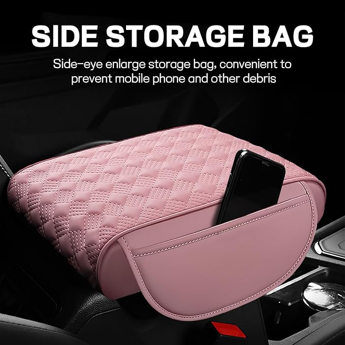 Car Armrest Cushion, 12.2"×8.3" Leather Auto Memory Foam Center Console Pad with Storage Pocket, Waterproof & Anti-Scratch Elbow Pillow Armrest Seat Box Protector, Universal Fit (Pink)