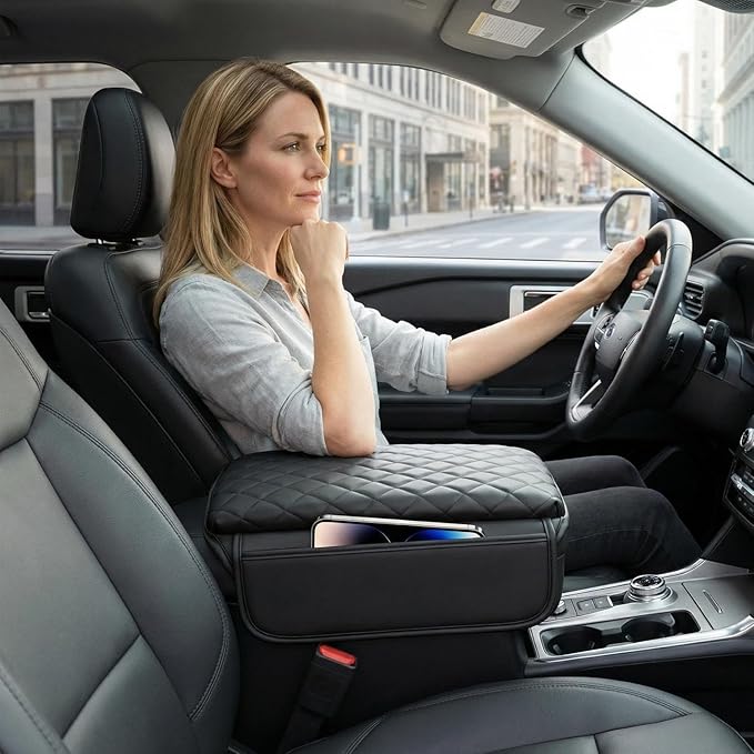 Console Cover for Ford Explorer 2020-2025 Armrest Cover Leather Arm Rest Pad Black Middle Console Cover with Pockets for Explorer Accessories