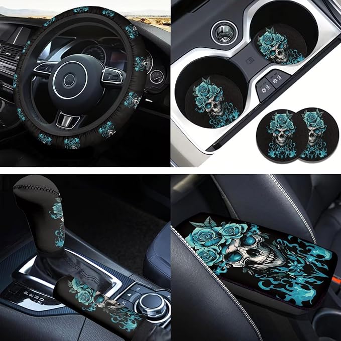 Green Rose Flower Car Accessories 6 Pcs Sets Skull Print Car Steering Wheel Cars Funny Cars Armrest Cover Handbrake Cover Auto Interior Sets