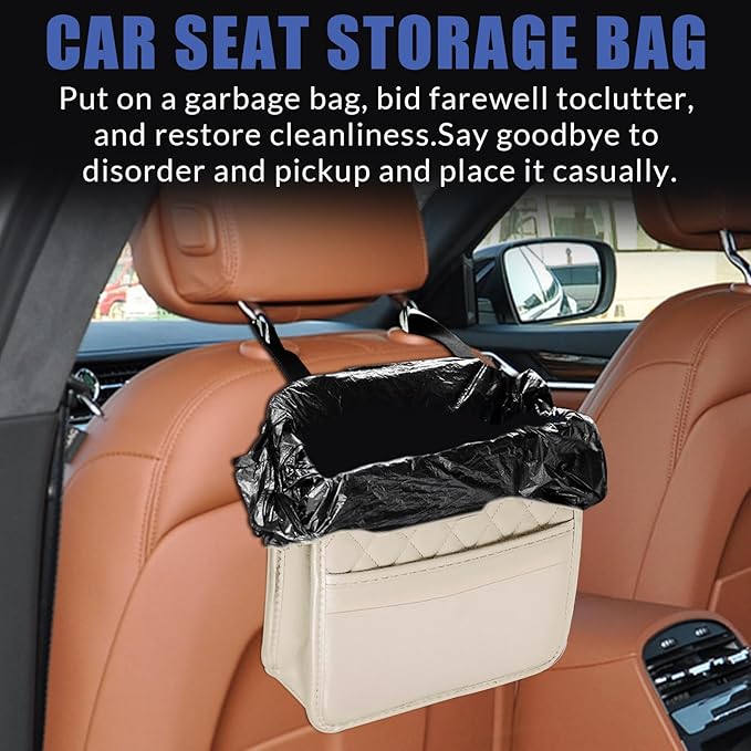 Car Seat Organizer Backseat with Storage Pockets, PU Leather Vehicle Backseat Hanging Storage Pocket, Multipurpose Automotive Travel Essentials Accessories, Universal for Most Cars (Beige)