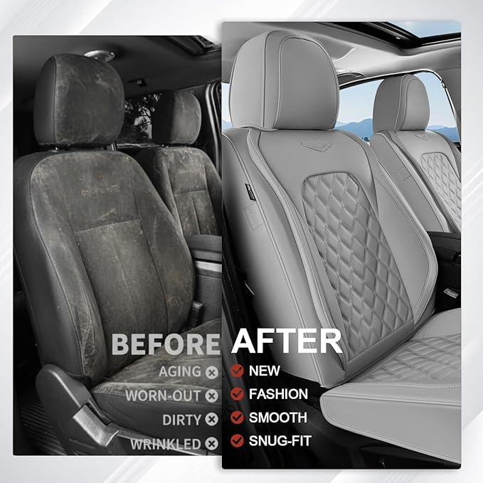 Coverado Full Set Car Seat Covers, Luxury Faux Leather Waterproof Seat Covers, Gray Car Seat Protectors, Universal Fit, Leather Seat Cushions for Cars-Gray