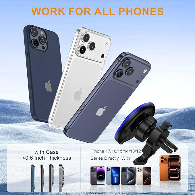 Magnetic Phone Holder for Car ,Magsafe Car Mount Charger for iPhone 17 16 Pro Max 17Air 16e 15 15Pro 14 Plus Mag Safe iPhone Car Mount for Magnet Holders for Your Car Accessories Wireless Charging