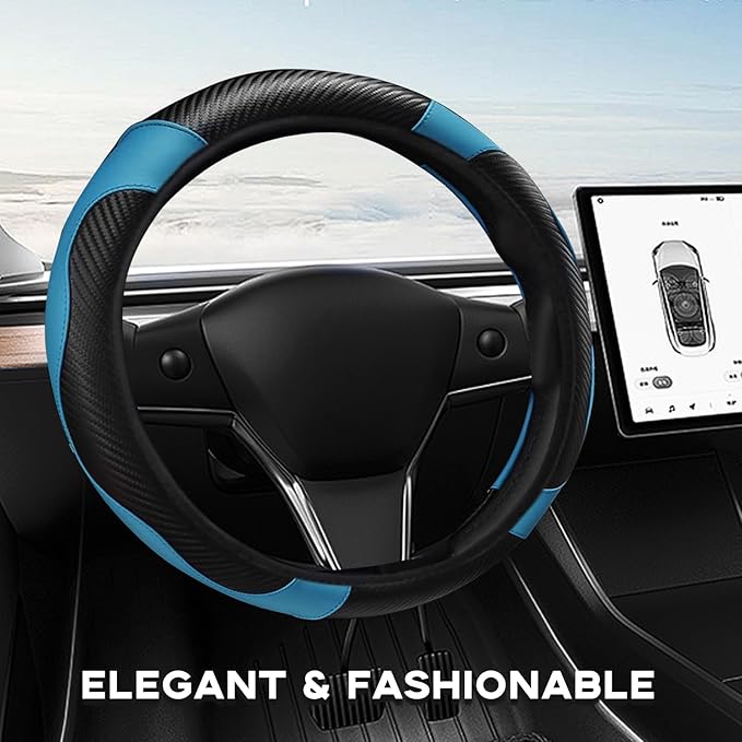 15" Car Steering Wheel Cover, Carbon Fiber Leather Stitching Elastic Steering Wheel Protector, Anti-Slip/Breathable/Durable/Soft, Interior Accessories for Most Cars (Carbon Fiber Black+Blue)