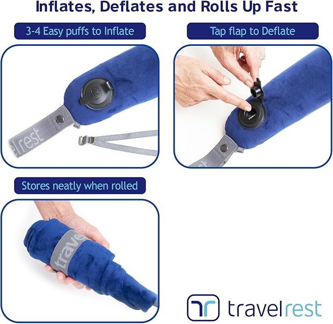 TRAVELREST All-in-One Travel Neck Support & Body Pillow - Airplane Pillow for Long Flight Comfort, Travel Essentials, Sleeping Accessories, Memory Foam, Headrest Support Seat for Car (Blue)