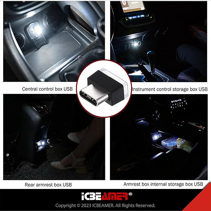 ICBEAMER Type C Adapters Atmosphere Light 1-Pack (White) | Universal Plug-in Miniature LED Night Light for Car Interior and Trunk Ambient Illumination