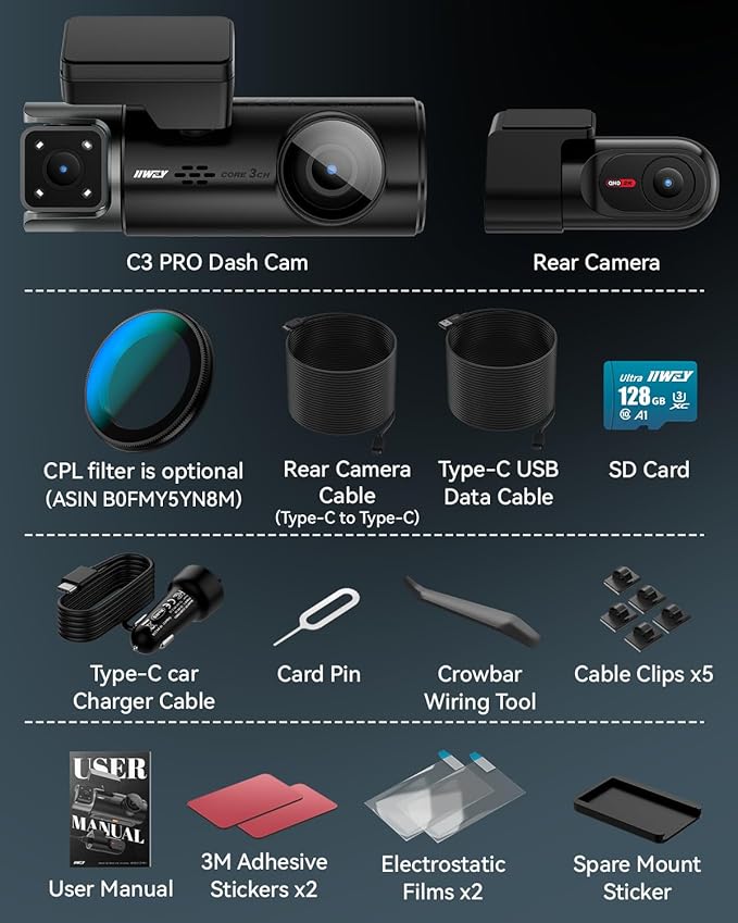 IIWEY 4K Dash Cam 3 Channel, Triple STARVIS 2 Sensors (IMX678 Front, IMX675 Cabin & Rear), 4K+2K+1080P HDR, Night Vision 3.0, PlateTag AI for Plate Clarity, 5GHz WiFi, GPS, Parking Mode, 128GB Card In