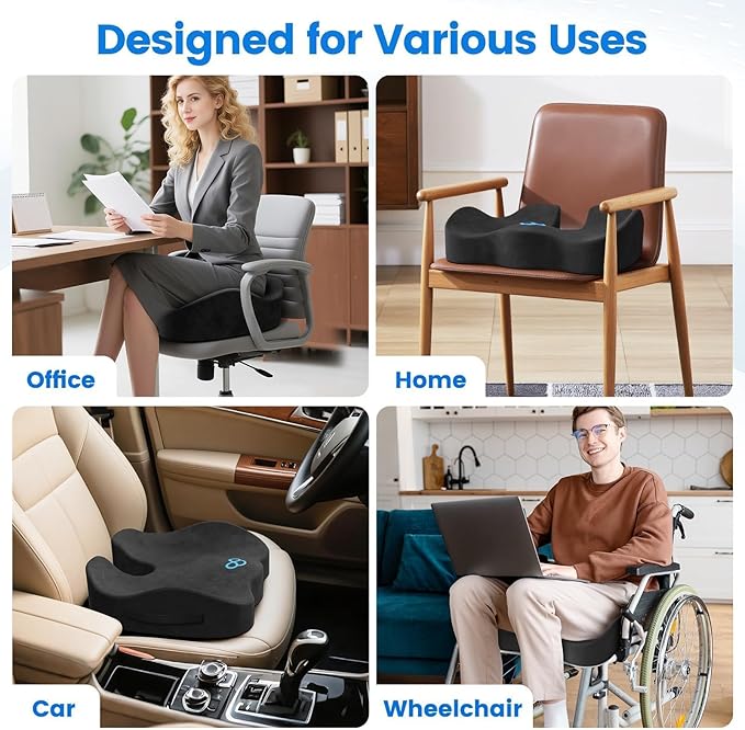 Seat Cushion with Carry Handle, Memory Foam for Tailbone/Sciatica Easing, Chair Cushions for Cars, Desks, Office Chair Cushion with Non-Slip Design, Ideal for Post-Surgery Recovery (Grey)