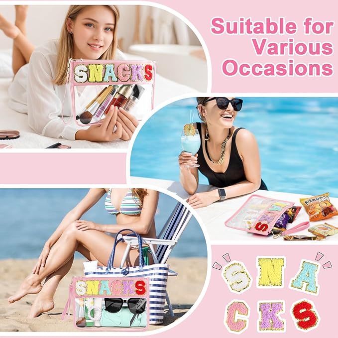 Snack Bag for Travel - Clear Chenille Varsity Letter Flat Pouch with Zipper, 12.2×8.46 inch Waterproof Clear Nylon Preppy Patch Makeup Cosmetic tote Bags for Women Girls