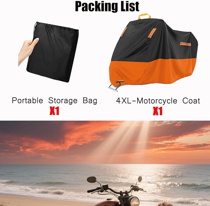 Thickened 4XL Motorcycle Cover – Waterproof and Windproof Large Bike Cover Fits up to 116" – Lockable & Reflective (4XL)