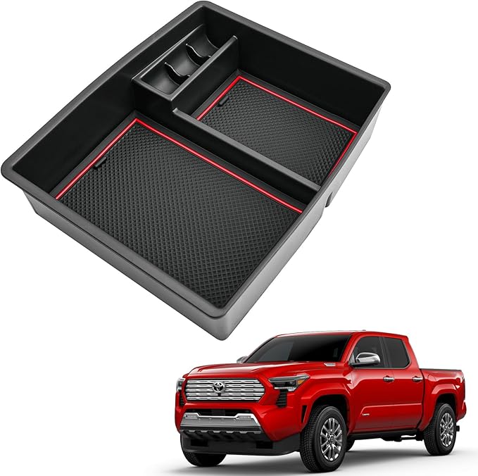 2024 2025 2026 Tacoma Center Console Organizer for Toyota Tacoma (All Trims), Durable ABS Plastic&Anti-Slip Rubber Console Tray Glove Insert 2025 2026 Tacoma Accessories (with Red Mats)