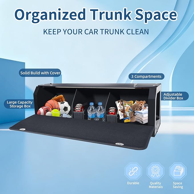 Car Trunk Organizer Sturdy Car Storage Organizer with Lid and Push-pull Handle Collapsible Leather Cargo Organizer for Suv, Truck, Sedan, Van (Black, 40.5 x 11.4 x 12.2in)