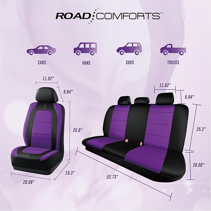 Road Comforts Car Seat Cover, Leather Car Seat Covers, Front Low Back Sport Seat Covers, Airbag Compatible, Universal Fits for Most Cars (Purple)