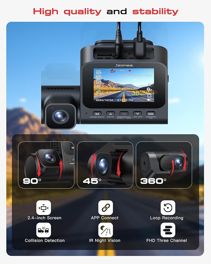 Jzones 4K 3-Channel Dash Cam Front and Rear with Cabin, STARVIS 2 Sensor, Dash Camera for Cars with WiFi 6, G-Sensor, Loop Recording, Night Vision, 24H Parking Mode, 64GB Card Included