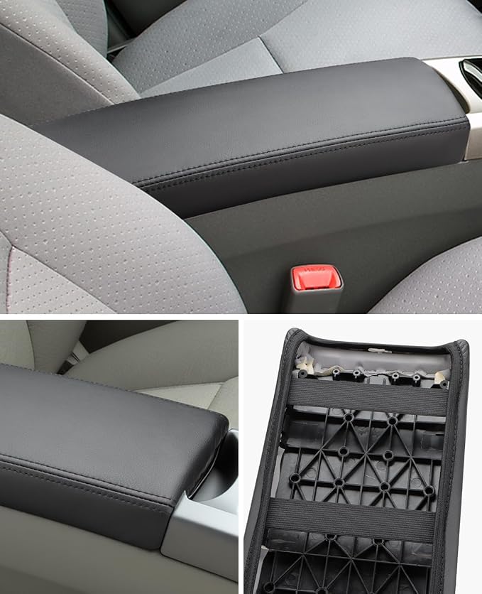 INTGET Center Console Cover for Toyota Prius Accessories 2004 2005 2006 2007 2008 2009 Leather Middle Armrest Cover Car Interior Arm Rest Lid Protector (Black Stitches, Skin Only)