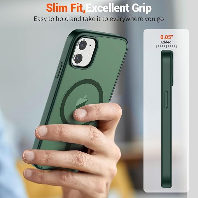SUPFINE Magnetic for iPhone 12 Mini Case & iPhone 13 Mini Case (Compatible with MagSafe) (Military Grade Drop Protection) Slim Translucent Matte Shockproof Phone Cover,Forest Green