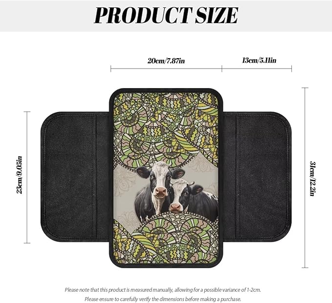 Boho Mandala Cow Print Car Center Console Cover Breathable Auto Armrest Storage Box Mat Wear-Resistan Vehicle Armrest Pad Car Accessories Interior Protection