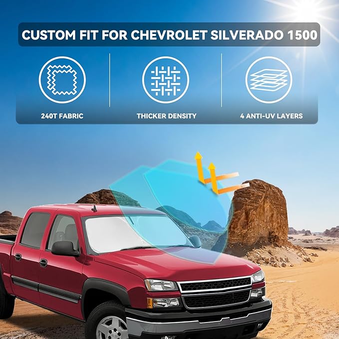 Sun Shade for Chevy Chevrolet Silverado 1500 1999-2006 Sunshade Windshield Cover, 4-Layers Sun Shield 250T Silver Sun Visor Foldable Front Window Shade Blocks UV Rays Car Accessories