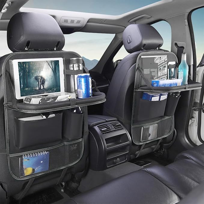 Car Backseat Organizer with Foldable Table Tray, 6 Storage Pocket Vehicle Seat Back Protector Kick Mat with Touch Screen Phone Holder, Auto Seat Organizer for Travel, Universal Fit (Black)