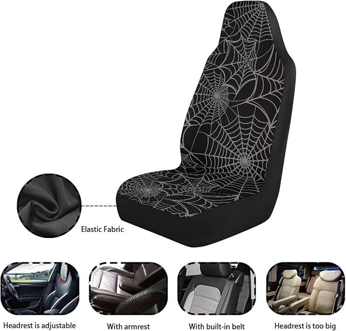 ELEQIN Cobweb Front Car Seat Covers 2pcs, Gothic Automotive Seat Covers Car Accessories Universal Size Fit for Most Cars,SUVs&Trucks&Vans