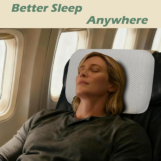 Cooling Camping Pillow, Memory Foam Travel Pillow with Adjustable Buckle Strap & Storage Bag, Compact Small Pillow for Airplane, Car Lumbar, Office, Washable Cooling Cover, Frost White