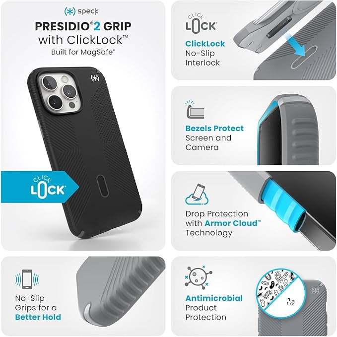 Speck Presidio 2 Grip iPhone 16 Pro Max Case - MagSafe and ClickLock - Slim Black/Slate Phone Case