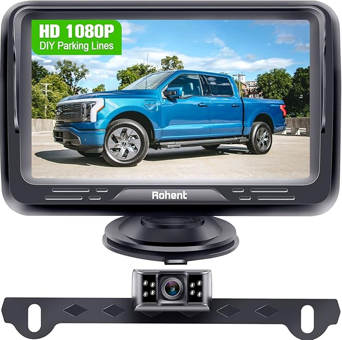 Rohent Backup Camera Monitor HD 1080P Night Vision Waterproof Car Truck License Plate Back Up Rear View Reverse Cam Kit DIY Gridlines R1