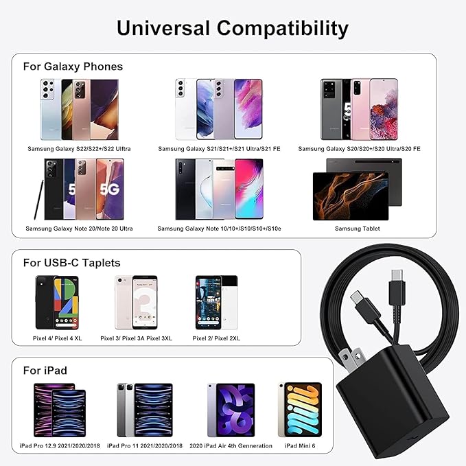 45W Type C Super Fast Charger Block and 10ft Android Phone Charger Cable Cord Long, USB C Wall Charging Plug for Samsung Galaxy S26 Ultra/S25/S24/S23+/S22 Plus/S21/S20/Note 20/iPhone 17 16 15 Pro Max