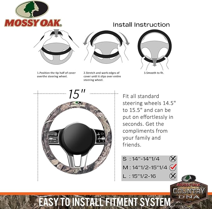 Mossy Oak Full Camo Steering Wheel Cover - Made from Premium Cotton Twill, Universal Fit for 14 1/2 to 15 inches - Official Licensed Product