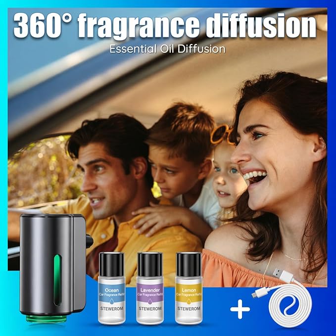 Smart Car Air Freshener, 3 Levels of Adjustable Intensity, Aroma Rechargeable Aroma Diffuser, Adjustable Aroma Diffuser, 220mAh Built-in, Fresh+Intense+Ocean Perfume