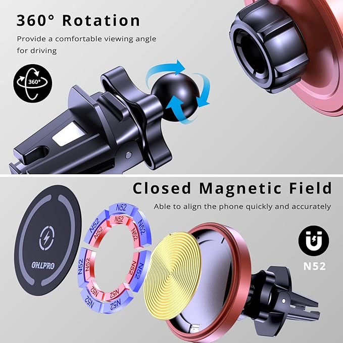 OHLPRO for MagSafe Car Mount Charger iPhone Wireless Car Charger, Stick on Dashboard Magnetic Phone Holder Mount for iPhone 17 Pro Max 16 15 14 Series, 15W Fast Charging, Aluminum Shell