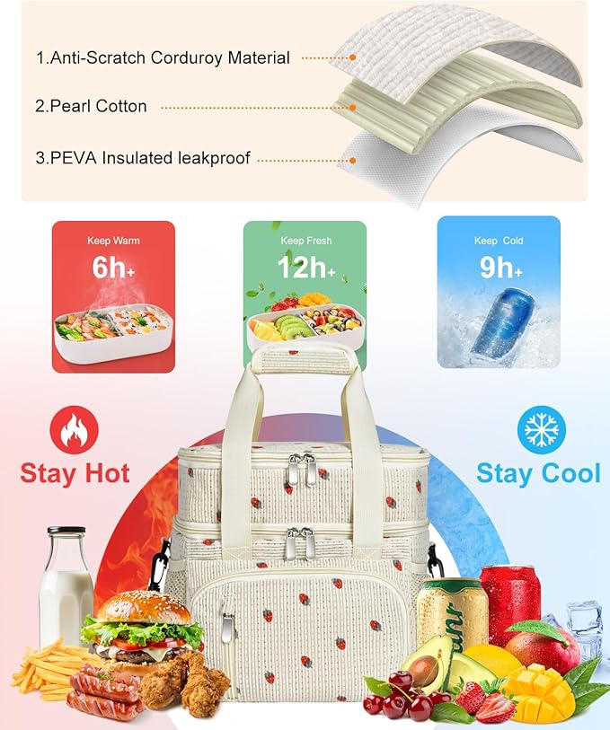 Insulated Lunch Bag for Men & Women, Double Leakproof Lunch Box Soft Cooler Tote with 5 Pockets, 600D Oxford, EVA Lining, Adjustable Strap for Work, Picnic- Corduroy Cue Strawberry
