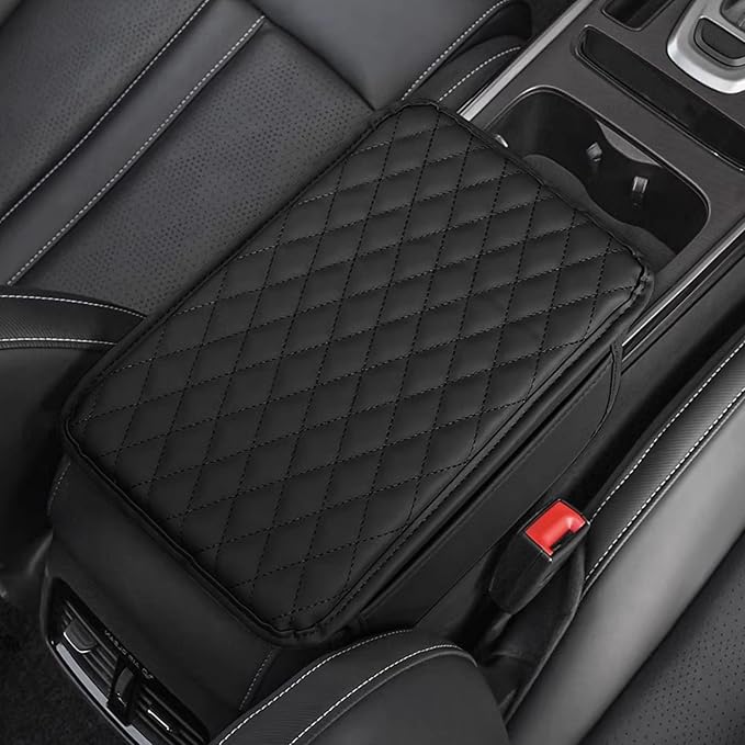 Car Center Console Cover, Universal Center Console Protector Pad with Soft Microfiber Leather & 2 Storage Pockets, Non-Slip Cushion for Car SUV Truck Interior Accessories (Black)