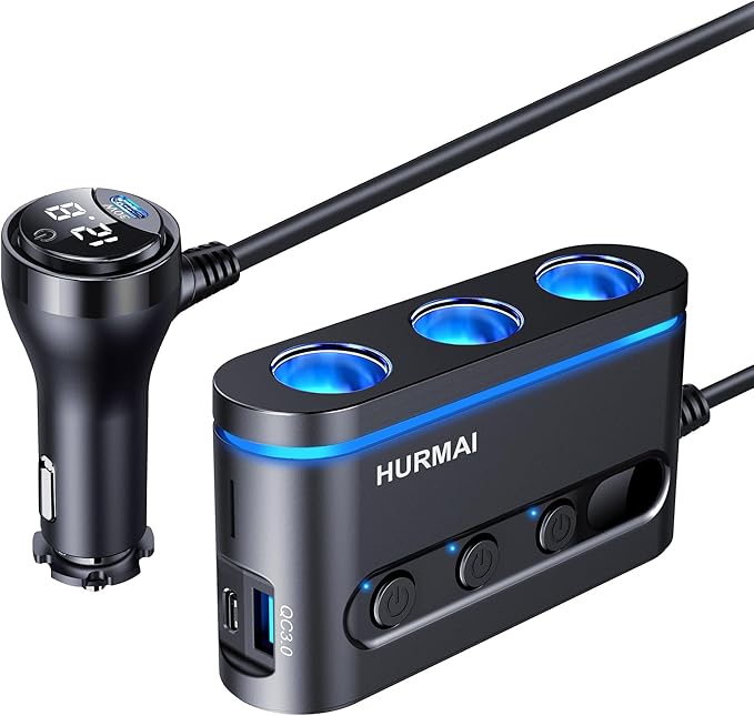 Cigarette Lighter Splitter,3 Socket Cars Cigarette Lighter Adapter,Heavy Duty Truck USB Chager Multi Port with PD30W/QC3.0 USB C 12/24V Car Plug Outlet with LED Voltage Display Independent Switches