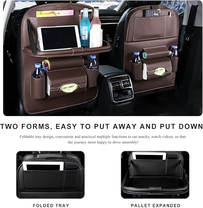 2PCS Car Backseat Organizer, Leather Multi-Pocket Seat Back Protector with Foldable Table Tray, Multifunctional Vehicle Storage Organizer Kick Mat for Kids Toddler Travel (Coffee)