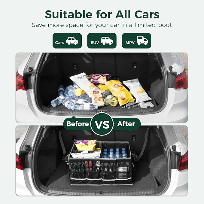 WELKIN 15GAL/60L Car Trunk Organizer with Lid & Dividers - Heavy Duty Collapsible Storage Organizer for SUV Sedan Truck - Waterproof Foldable Cargo Organizer for Groceries, Camping, Travel Accessories